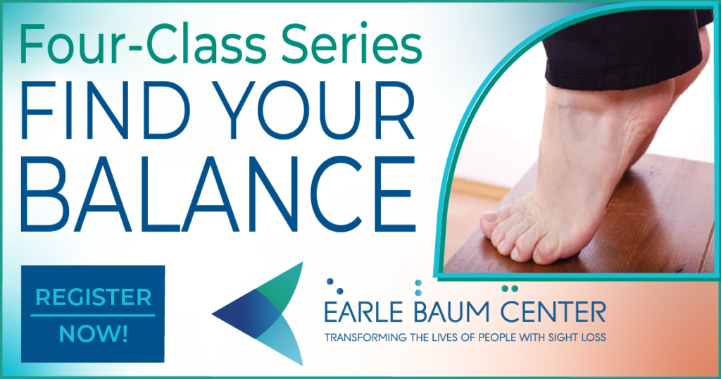 Four-Class Series FIND YOUR BALANCE, next to the words is a photo of two bare feet balancing on thier toes, underneath are more words saying register now and then the EBC logo