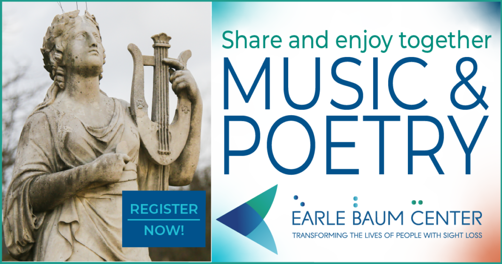 Share and enjoy togetherto the left is a photo of a stone sculpture of a woman in a flowing gown holding a lyre MUSIC & POETRY register now and the EBC logo
